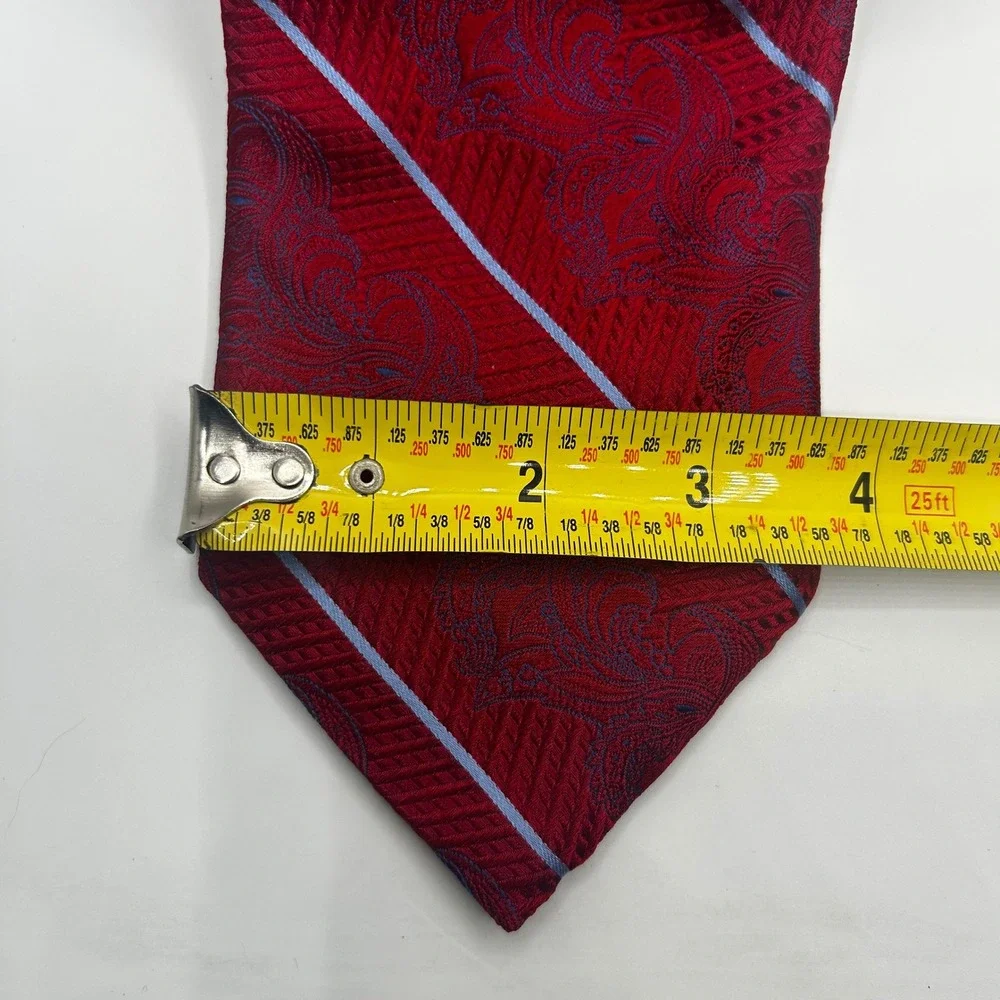 Paul Fredrick Mens Red Blue Paisley‎ Striped Italian Silk Hand Tailored Tie USA